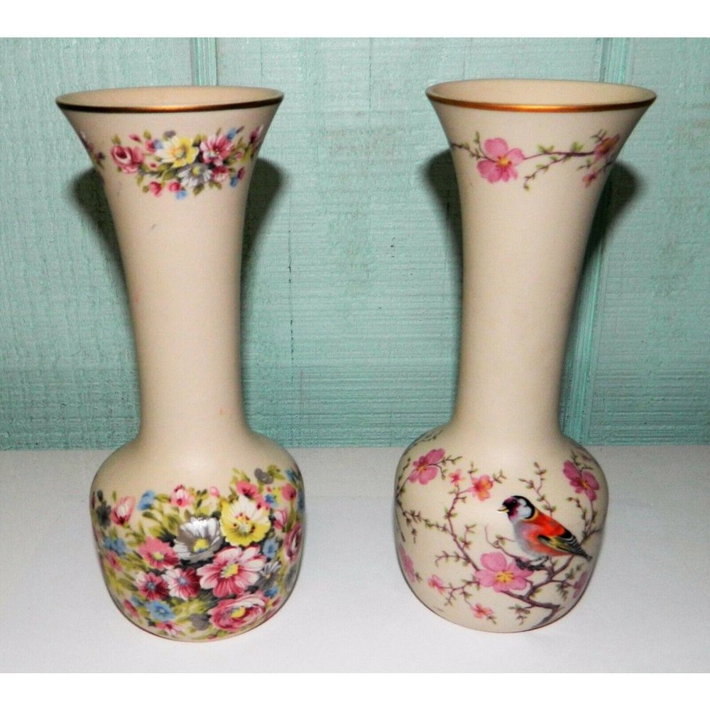 Vintage Ceramica Ibis Aveiro Portugal Goldfinch Floral Set Of 2 Vases Stem Rose